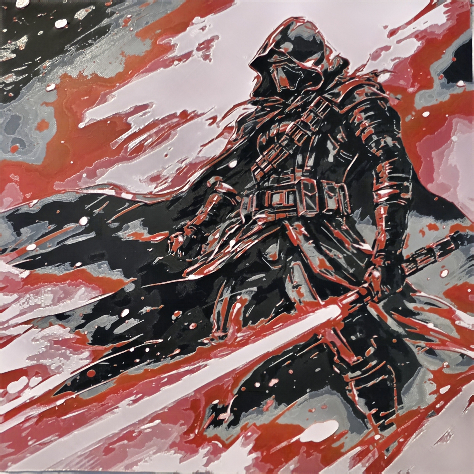 Complete red and black layered HueForge artwork showing an armoured character.