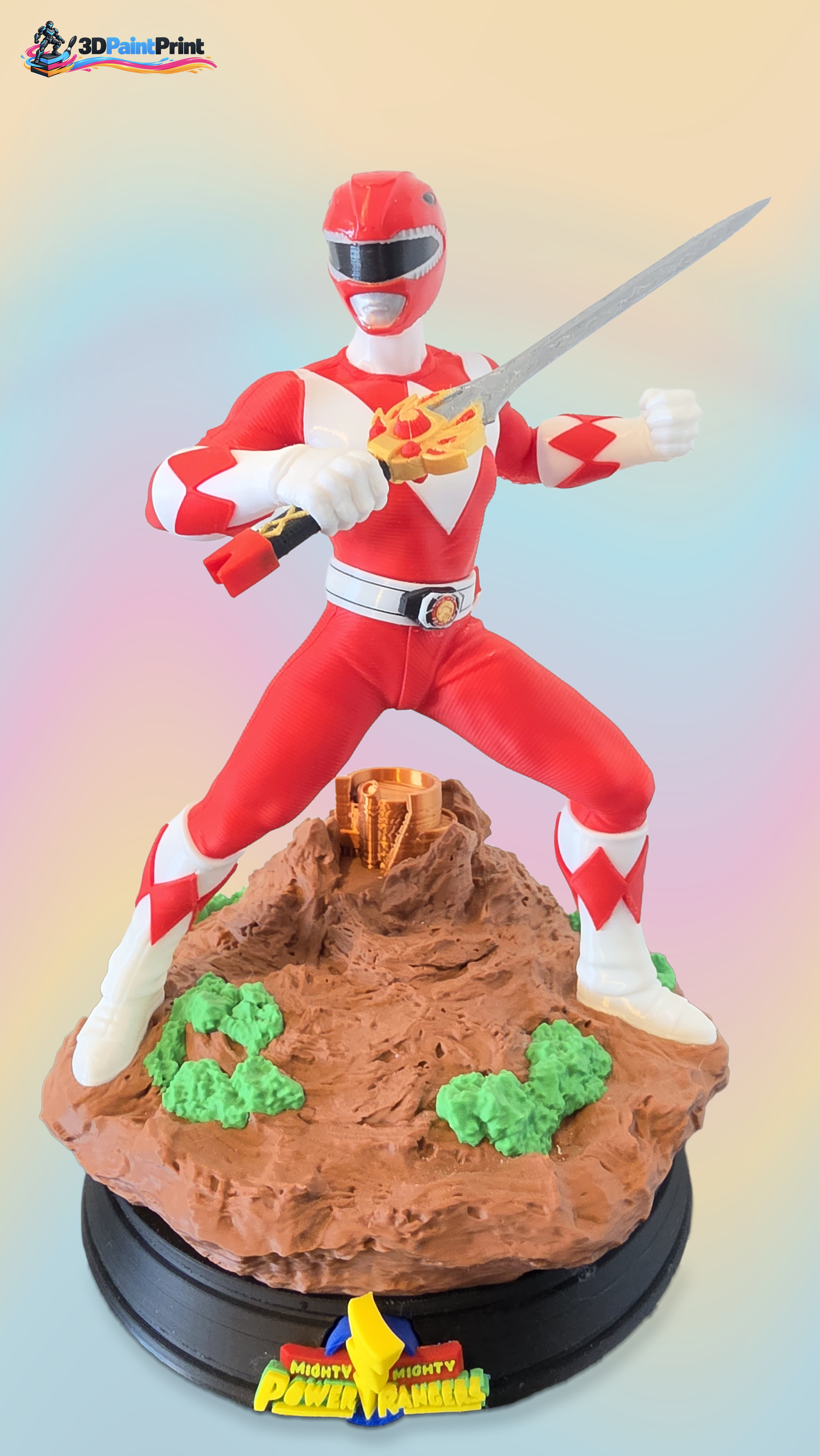 Multicolour FDM red ranger figure with sword, rock and complete dark display plinth.