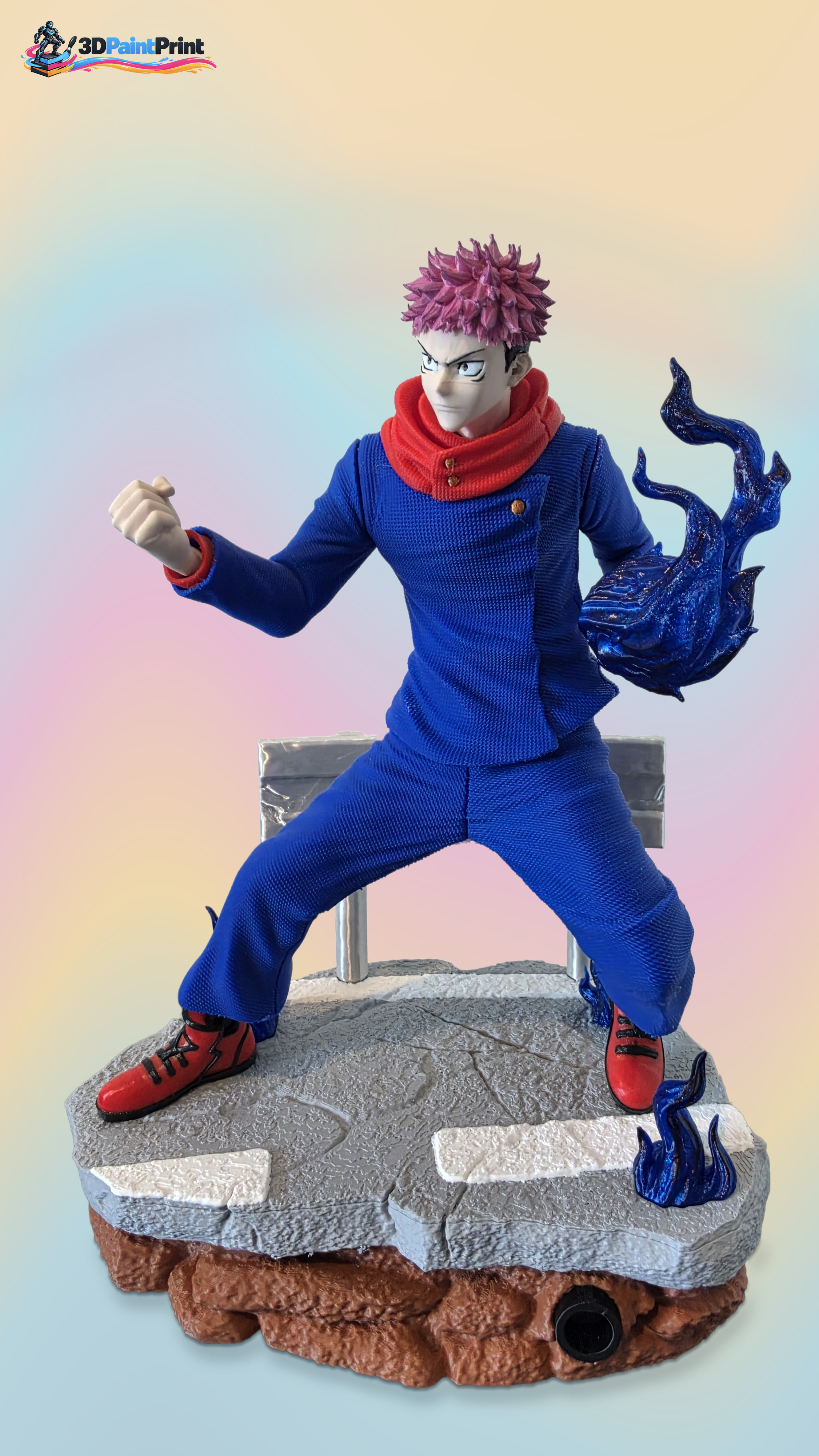 Multicolour FDM action figure with blue effect and complete street-style base.