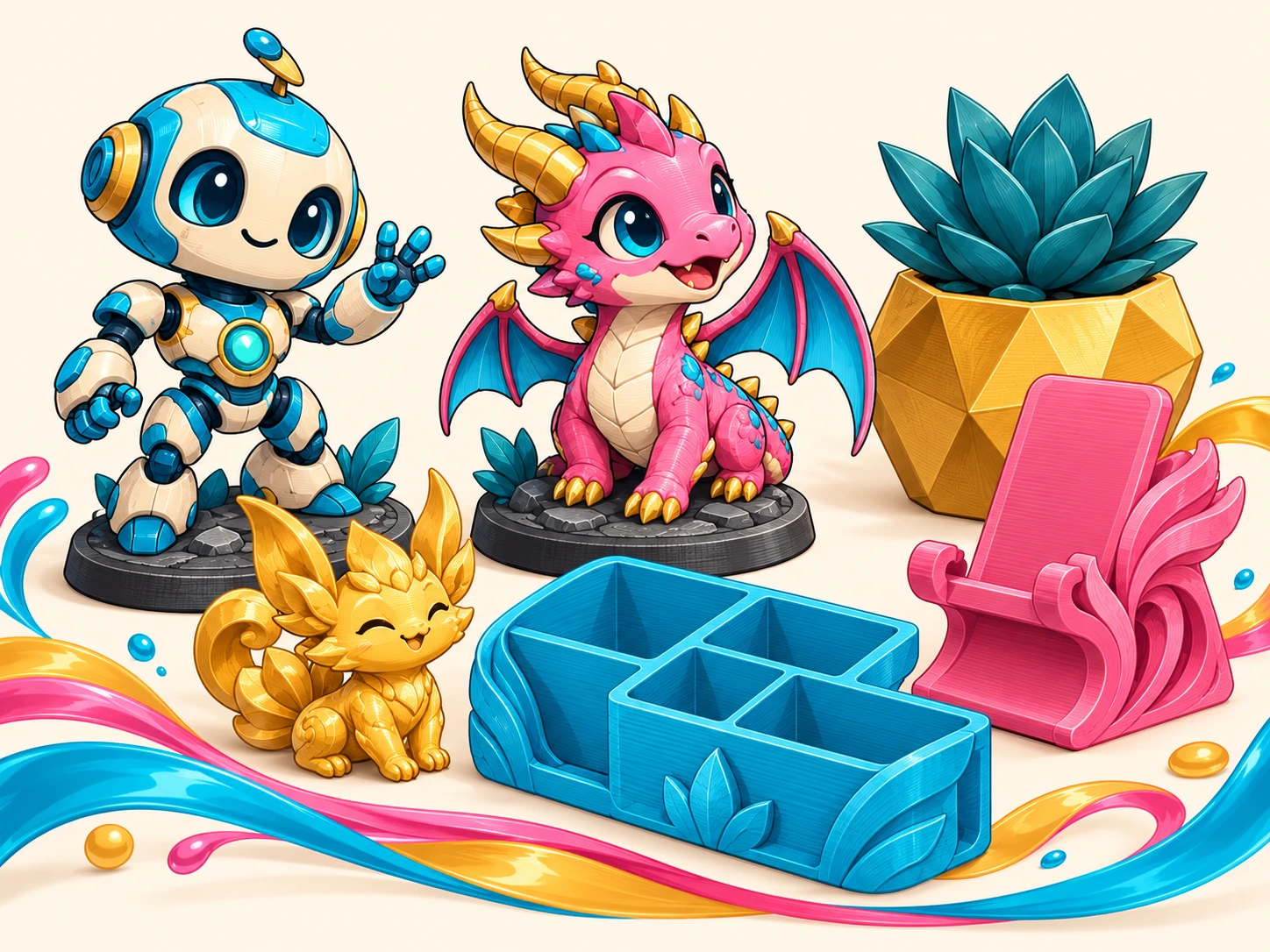 Concept illustration of colourful characters, an organiser, phone stand and planter in our studio colours.
